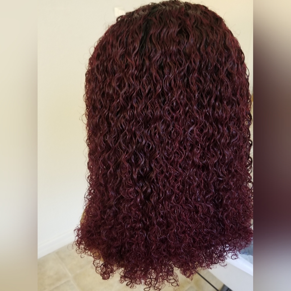 99j kinky curly burgundy/red human hair headband wig